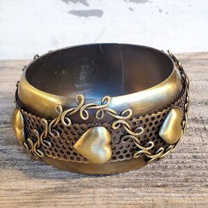 Vintage Y2K 90s Victorian Grunge Steampunk Bronze Hearts Metal Bangle Bracelet